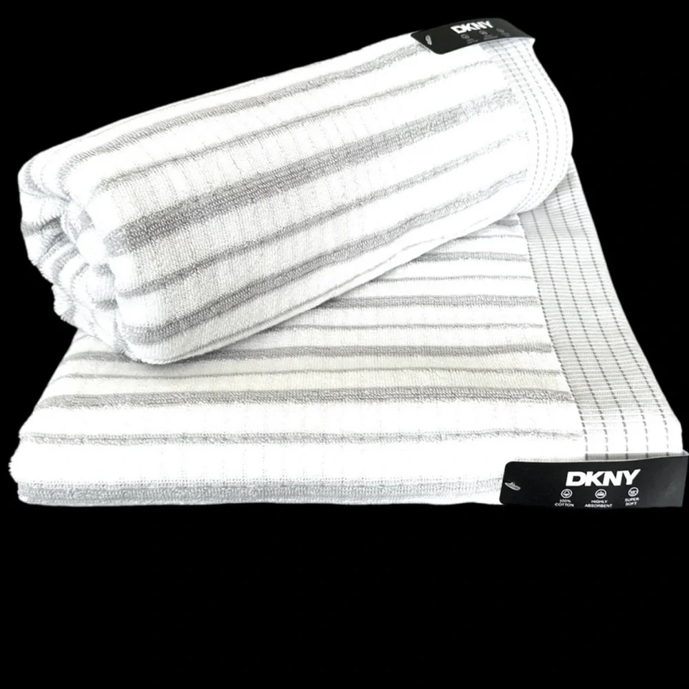 DKNY Cotton Bath Towels Set of 2 Gray & White Stripes NEW